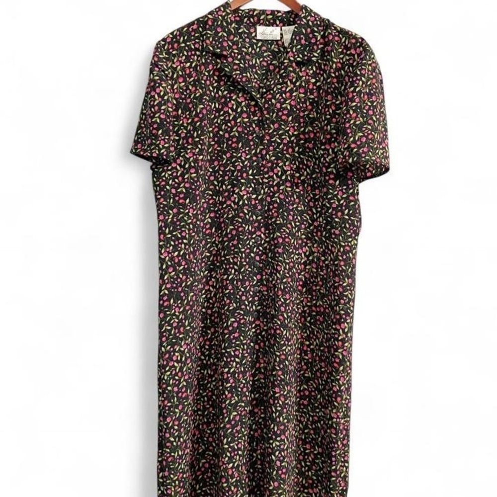 Vintage Kathie Lee Collection Black Midi Dress with Pink & Green Floral Print